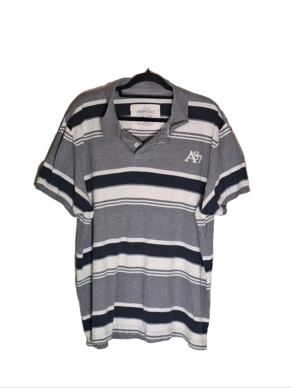 Aeropostale Grey And Navy Striped Collared Polo Shirt Mens XXL A87 Logo 2012